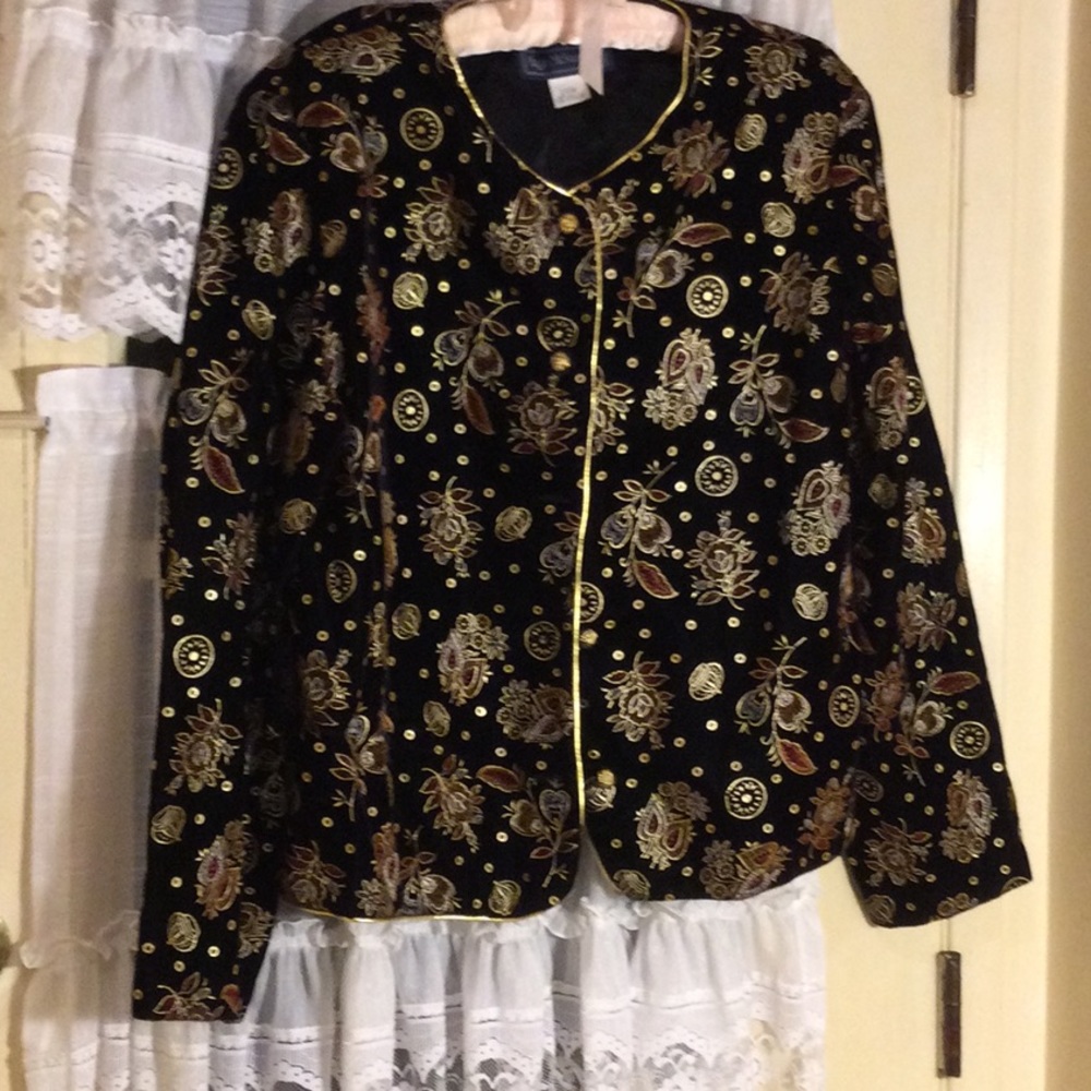 Beautiful Soft Black Velvet Floral With Gold Accent Jacket